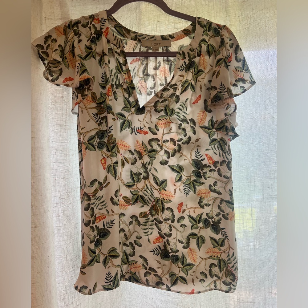 LOFT Leafed Flutter Sleeve Mixed Media Top Blouse XS
